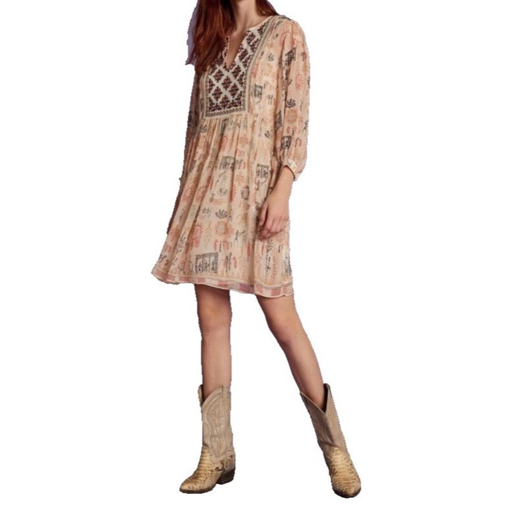 ANTHROPOLOGIE VELVET Tawni Cleo Embroidered Peasant Boho Tunic Mini Dress Sz S